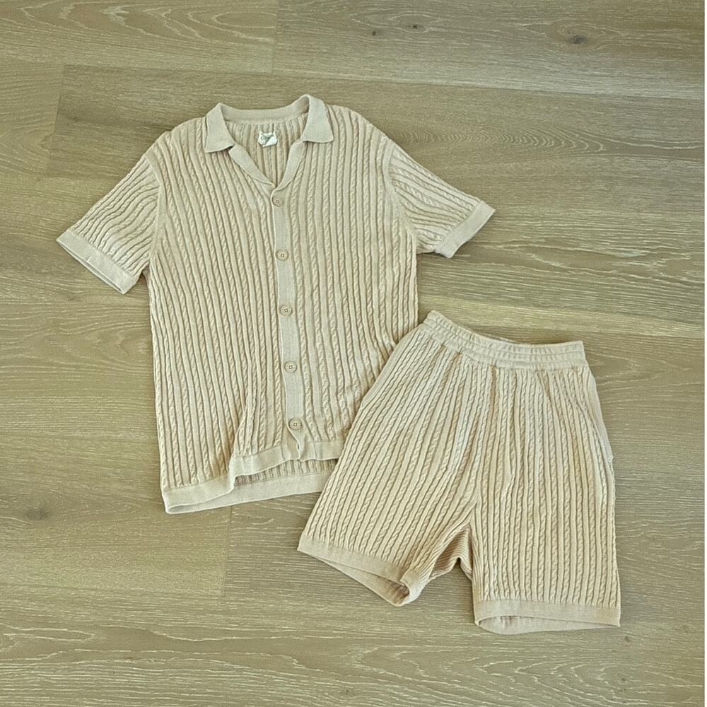 Reuben Oliver Knit Button Down Short Sleeve Top & Shorts Set Size M/L Brown